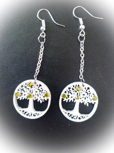 Boucles d'oreilles pendantes jaune arbre de vie en bois blanc